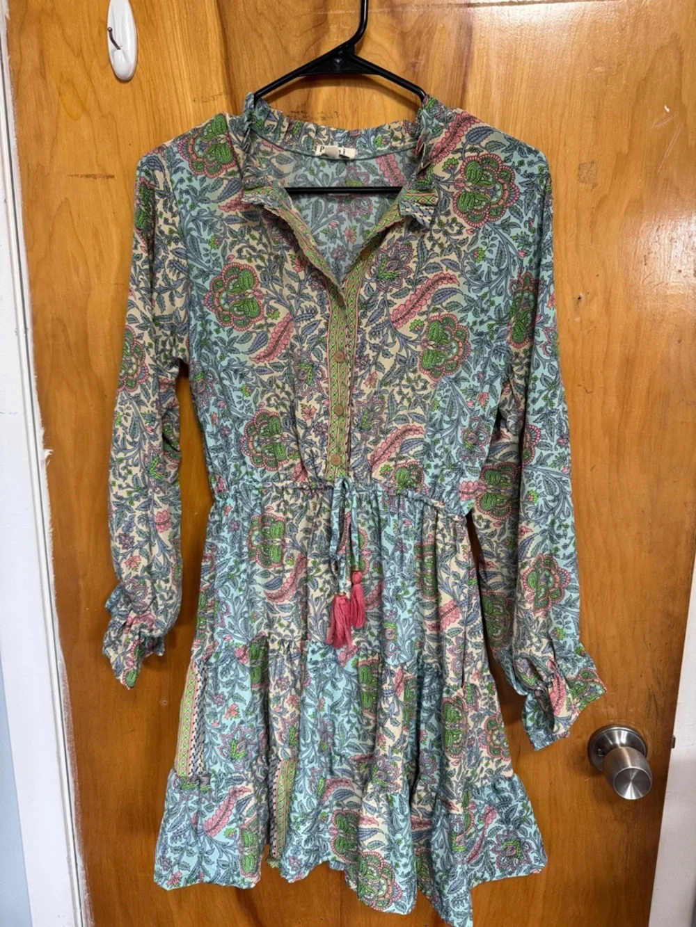 Boho Paisley Tie-Waist Long Sleeve Dress - Green Multi - Picture 1 of 10